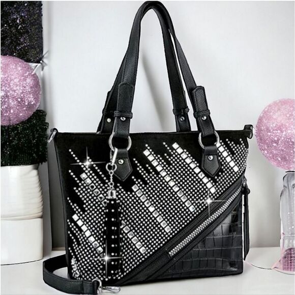 SALE Stunning Rhinestone Studded Bling Black Handbag Shoulder Tote Purse - Picture 5 of 7